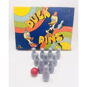 Vintage 1950s Duck Pins Bowling Game Toy Original Box Tabletop Wood Art Graphics